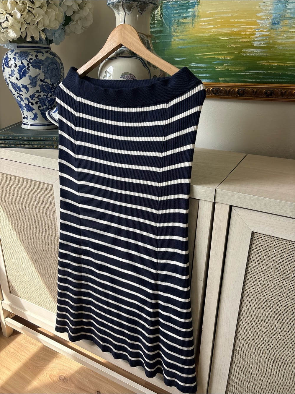 LOFT Navy and White Striped Sweater Knit Maxi Skirt - Picture 5 of 5